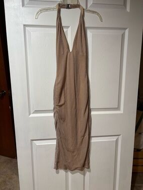 Source Unknown Nude Shimmer Backless Halter Midi Dress